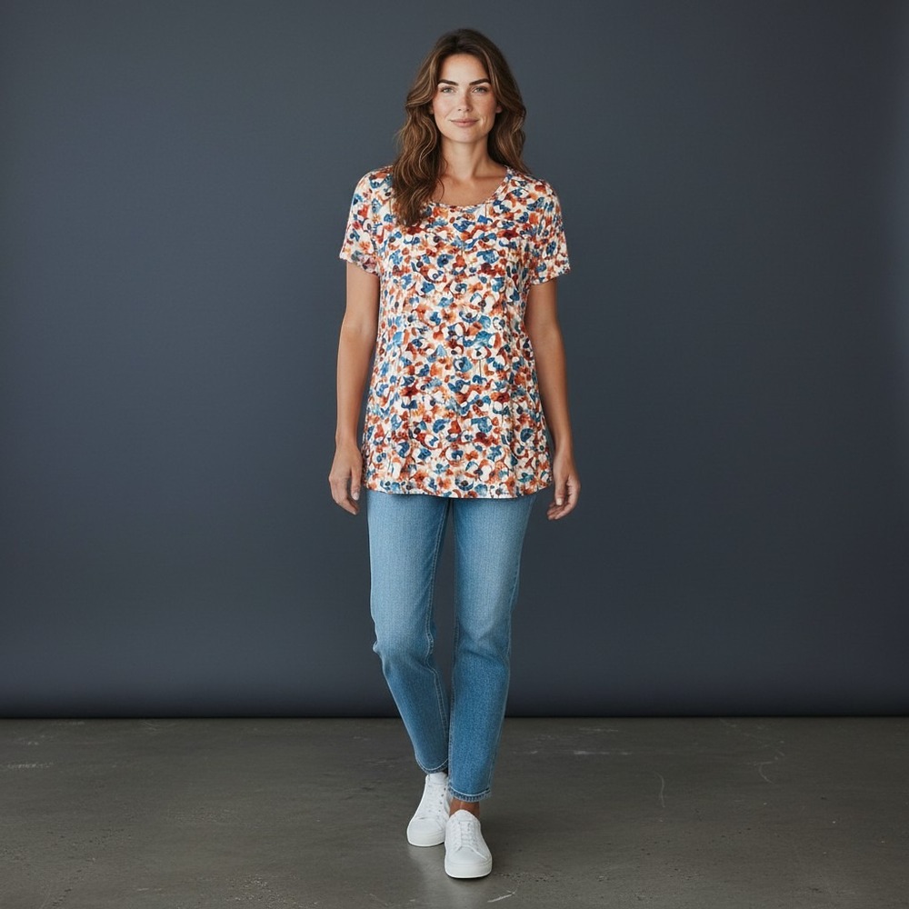 The Pioneer Woman 2X Floral Poppy Swing Dress Orange Blue (38" Long) Scoop Neck